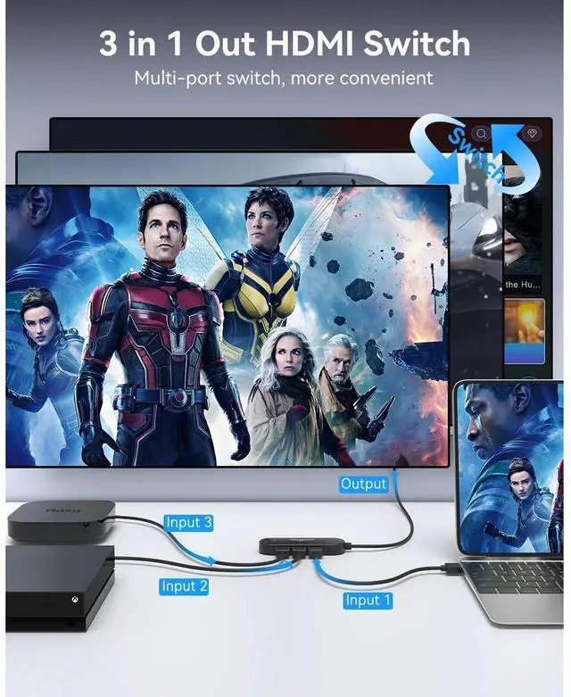 Alt view image 2 of 7 - HDMI Switch 4K@60Hz, 4K HDMI Splitter 3 in 1 Out, 3 Port Hdmi Switcher Box Supports UHD 3D HDR, Multi Port HDMI Hub Selector for Xbox PS3 4 5 TV Gaming Roku HDTV Fire Stick