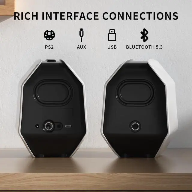 Alt view image 2 of 6 - D-ONE 30W PC Gaming Computer Speakers for Laptop, Mac, Desktop Computer, Woofer Speakers, Bluetooth, USB, 3.5mm AUX Inputs, RGB Lights, Multimedia Speakers, White