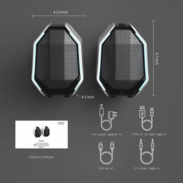 Alt view image 6 of 6 - D-ONE 30W PC Gaming Computer Speakers for Laptop, Mac, Desktop Computer, Woofer Speakers, Bluetooth, USB, 3.5mm AUX Inputs, RGB Lights, Multimedia Speakers, White