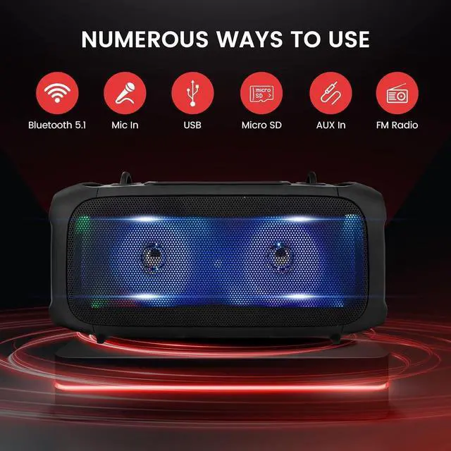 Alt view image 4 of 5 - FOR Wireless Portable Bluetooth Boombox Speaker - 120W Rechargeable Boom Box Speaker Portable Barrel Loud Stereo System - Flashing LED, FM Radio/Aux/MP3/USB Flash Drive/Micro SD, & 1/4" PPHP42B,Black