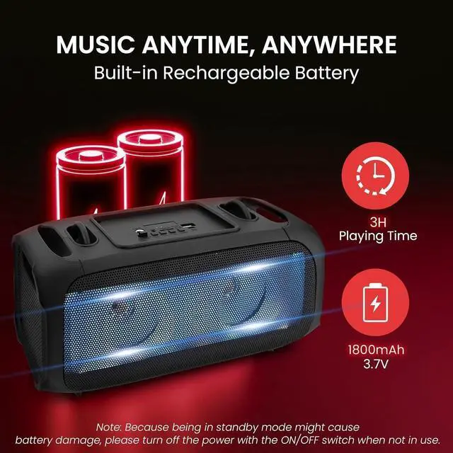 Alt view image 5 of 5 - FOR Wireless Portable Bluetooth Boombox Speaker - 120W Rechargeable Boom Box Speaker Portable Barrel Loud Stereo System - Flashing LED, FM Radio/Aux/MP3/USB Flash Drive/Micro SD, & 1/4" PPHP42B,Black