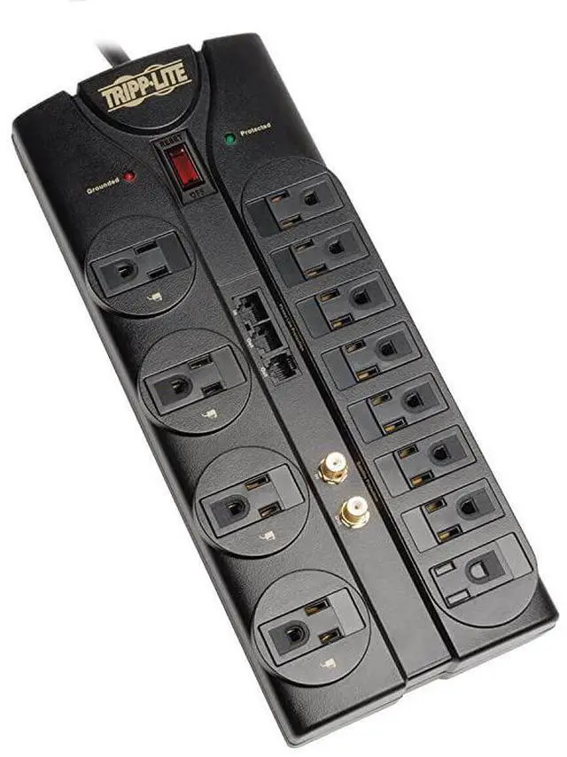 Main image of FOR-12 Outlet Surge Protector Power Strip 8ft Cord RightAngle Plug TelModemCoaxEthernet Protection RJ11 RJ45 $250000 INSURANCE TLP1208SAT Black