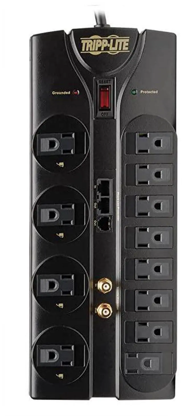 Alt view image 4 of 7 - FOR-12 Outlet Surge Protector Power Strip 8ft Cord RightAngle Plug TelModemCoaxEthernet Protection RJ11 RJ45 $250000 INSURANCE TLP1208SAT Black