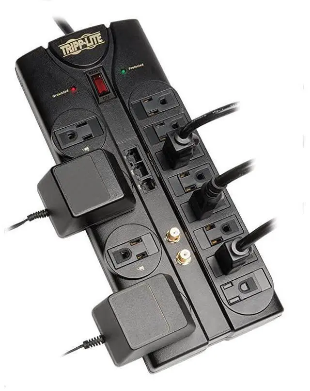 Alt view image 3 of 7 - FOR-12 Outlet Surge Protector Power Strip 8ft Cord RightAngle Plug TelModemCoaxEthernet Protection RJ11 RJ45 $250000 INSURANCE TLP1208SAT Black