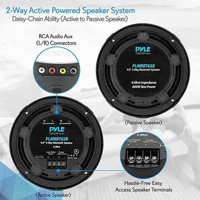 Alt view image 2 of 7 - for65 Inch Bluetooth Marine Speakers 2Way IPX4 Waterproof and Weather Resistant Outdoor Audio Dual Stereo Sound System with 600 Watt Power and Low Profile Design 1 Pair PLMRBT65B Black