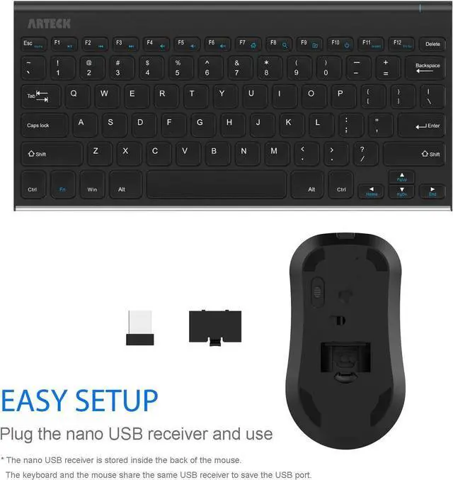 Alt view image 4 of 7 - FOR Arteck 2.4G Wireless Keyboard and Mouse Combo Ultra Compact Slim Stainless Full Size Keyboard and Ergonomic Mouse for Computer/Desktop/PC/Laptop and Windows 10/8/7 Build in Rechargeable Battery