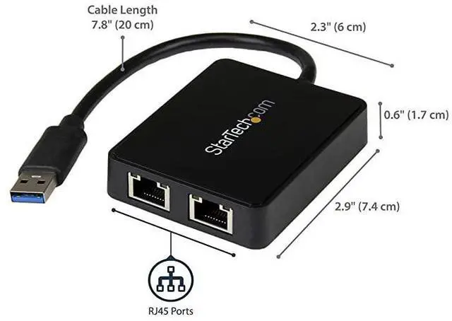 Alt view image 2 of 6 - FOR-com USB 30 to Dual Port Gigabit Ethernet Adapter wUSB Port 10100100 USB Gigabit LAN Network NIC Adapter USB32000SPT Black