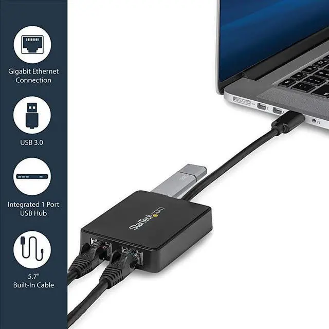 Alt view image 3 of 6 - FOR-com USB 30 to Dual Port Gigabit Ethernet Adapter wUSB Port 10100100 USB Gigabit LAN Network NIC Adapter USB32000SPT Black
