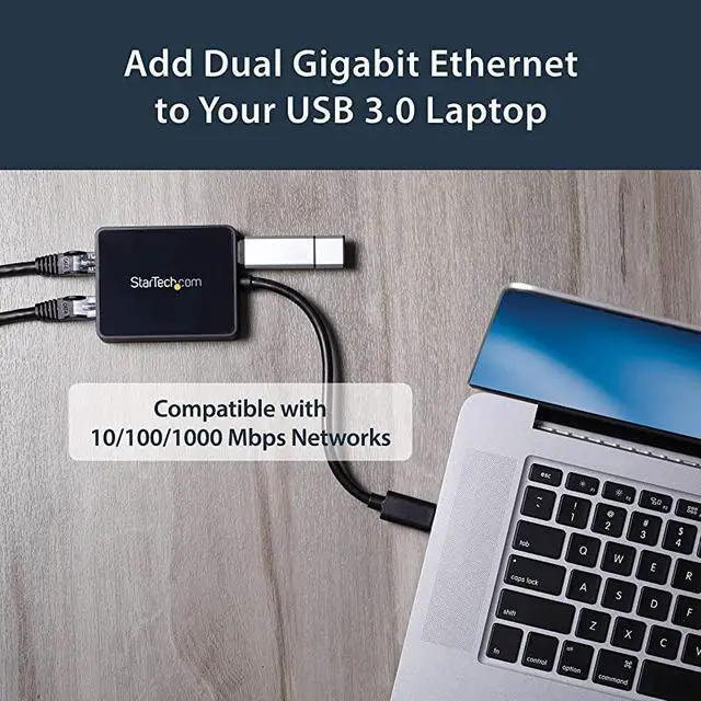 Alt view image 4 of 6 - FOR-com USB 30 to Dual Port Gigabit Ethernet Adapter wUSB Port 10100100 USB Gigabit LAN Network NIC Adapter USB32000SPT Black