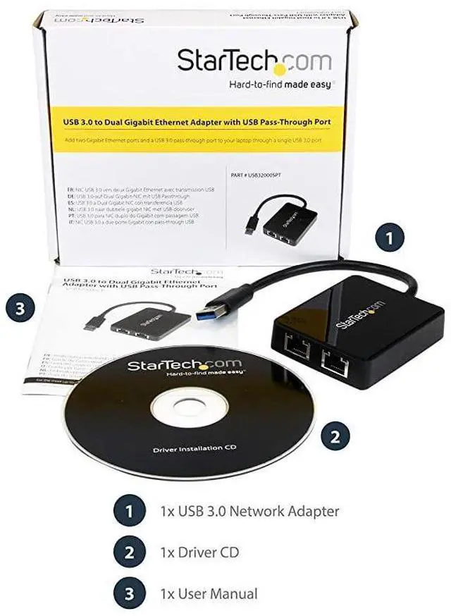 Alt view image 6 of 6 - FOR-com USB 30 to Dual Port Gigabit Ethernet Adapter wUSB Port 10100100 USB Gigabit LAN Network NIC Adapter USB32000SPT Black