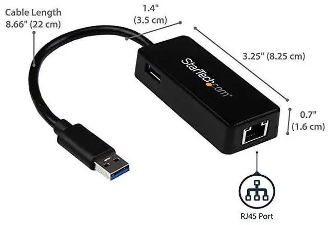Alt view image 2 of 7 - FOR com USB 3.0 Ethernet Adapter - USB 3.0 Network Adapter NIC with USB Port - USB to RJ45 - USB Passthrough (USB31000SPTB)