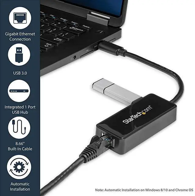 Alt view image 3 of 7 - FOR com USB 3.0 Ethernet Adapter - USB 3.0 Network Adapter NIC with USB Port - USB to RJ45 - USB Passthrough (USB31000SPTB)