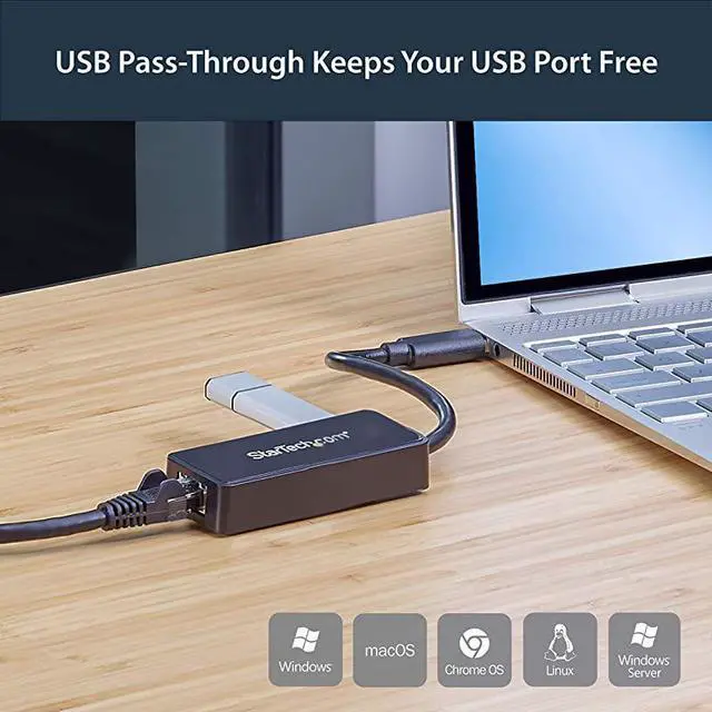 Alt view image 5 of 7 - FOR com USB 3.0 Ethernet Adapter - USB 3.0 Network Adapter NIC with USB Port - USB to RJ45 - USB Passthrough (USB31000SPTB)
