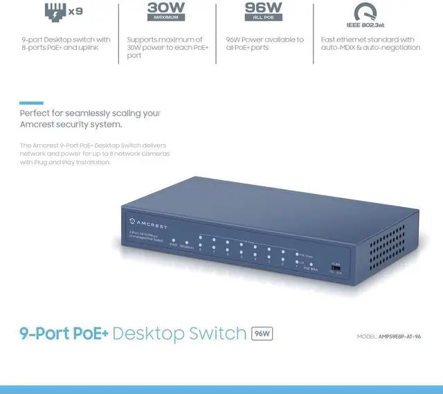 Alt view image 3 of 4 - FOR-Amcrest 9-Port POE+ Power Over Ethernet POE Switch with Metal Housing 8-Ports POE+ 802.3at 96w (AMPS9E8P-AT-96)