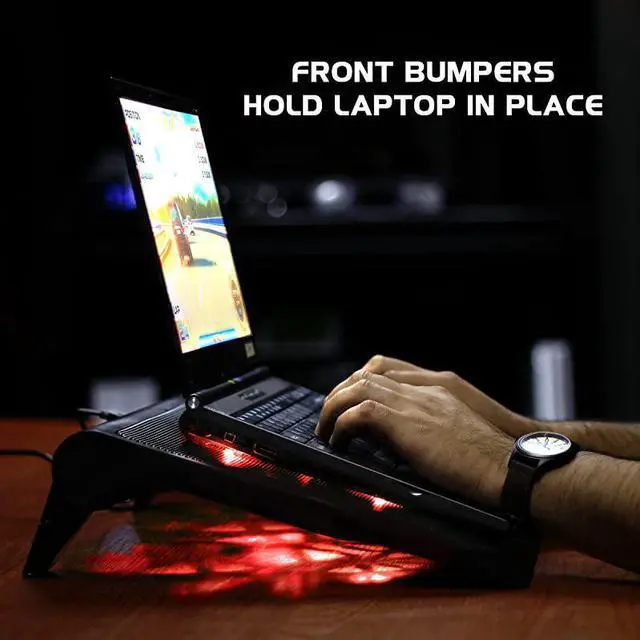 Alt view image 4 of 7 - for Gaming Laptop Cooling Pad Stand with LED Cooler Fans Adjustable Height Dual USB Port for 17 inch Laptops 5 Ultra Quiet High Performance Fans 2630 RPM BuiltIn Bumpers Red