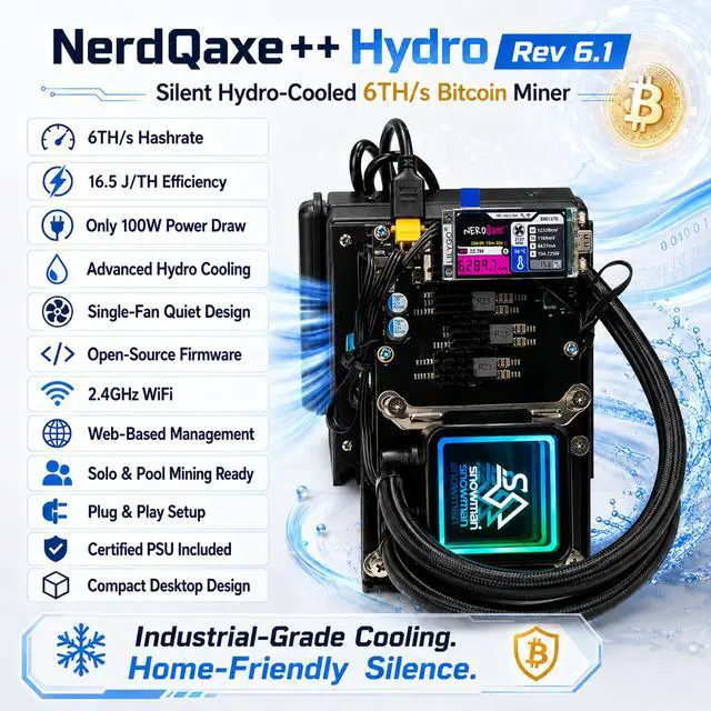 Alt view image 6 of 7 - Stellapex NerdQaxe++ Hydro Rev 6.1 Bitcoin Miner, 4X BM1370 ASIC, 6TH/s SHA-256, 100W Low Power 16.5J/TH, Hydro Water Cooling, Ultra-Quiet 25dB, 2.4G WiFi Open-Source Solo Mining Machine with PSU