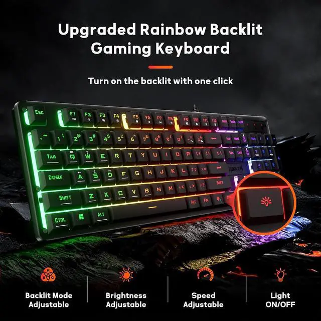 Alt view image 2 of 7 - K521 Upgrade Rainbow LED Gaming Keyboard, 104 Keys Wired Mechanical Feeling Keyboard with Multimedia Keys, One-Touch Backlit, Anti-Ghosting, Compatible with PC, Mac, PS4/5, Xbox