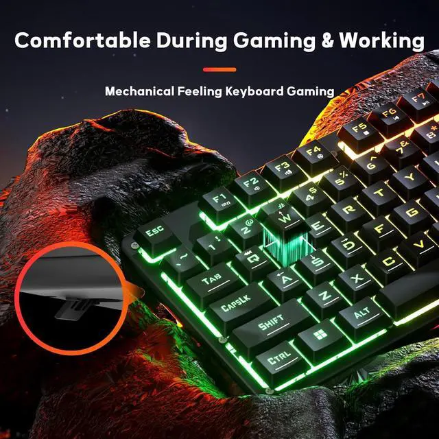 Alt view image 3 of 7 - K521 Upgrade Rainbow LED Gaming Keyboard, 104 Keys Wired Mechanical Feeling Keyboard with Multimedia Keys, One-Touch Backlit, Anti-Ghosting, Compatible with PC, Mac, PS4/5, Xbox