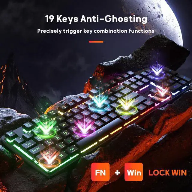 Alt view image 5 of 7 - K521 Upgrade Rainbow LED Gaming Keyboard, 104 Keys Wired Mechanical Feeling Keyboard with Multimedia Keys, One-Touch Backlit, Anti-Ghosting, Compatible with PC, Mac, PS4/5, Xbox