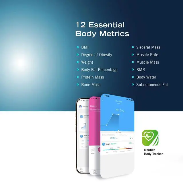 Alt view image 2 of 6 - Nautica Body Tracker Plus Digital Scale for Body Weight, Bluetooth-Enabled Smart Scale with BMI, Body Fat, Muscle Mass Tracking & More