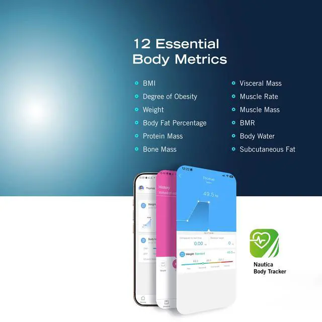 Alt view image 2 of 7 - Nautica Body Tracker Plus Digital Scale for Body Weight, Bluetooth-Enabled Smart Scale with BMI, Body Fat, Muscle Mass Tracking & More