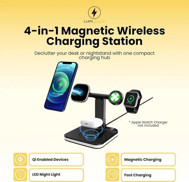 Alt view image 2 of 7 - Lumicharge Multifunction Wireless Phone Charger - 4 in 1 Qi Magnetic Wireless Charging Station with LED Night Light and USB-C Port, 18W Input, Compatible with iPhone, Apple Watch, AirPods