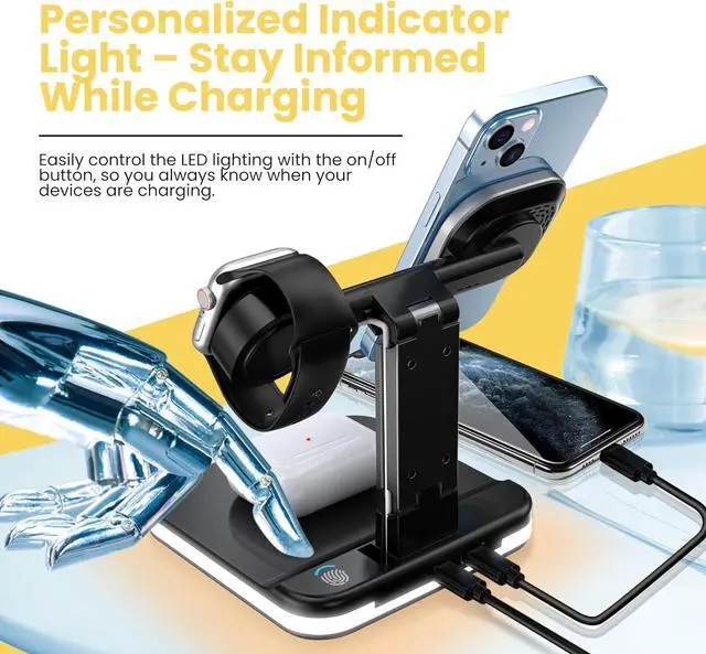 Alt view image 4 of 7 - Lumicharge Multifunction Wireless Phone Charger - 4 in 1 Qi Magnetic Wireless Charging Station with LED Night Light and USB-C Port, 18W Input, Compatible with iPhone, Apple Watch, AirPods