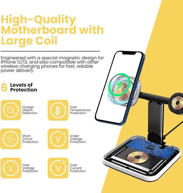 Alt view image 5 of 7 - Lumicharge Multifunction Wireless Phone Charger - 4 in 1 Qi Magnetic Wireless Charging Station with LED Night Light and USB-C Port, 18W Input, Compatible with iPhone, Apple Watch, AirPods