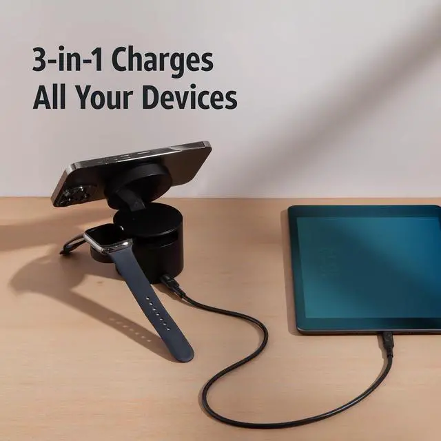 Alt view image 2 of 5 - AT&T Essential 3-in-1 Portable Power Drum Qi2 Wireless Charger and Powerbank Compatible with iPhone 15 14 13 12 Series Magnetic Fast Charging Stand with Watch Charger USB-C Out Travel Hub Black