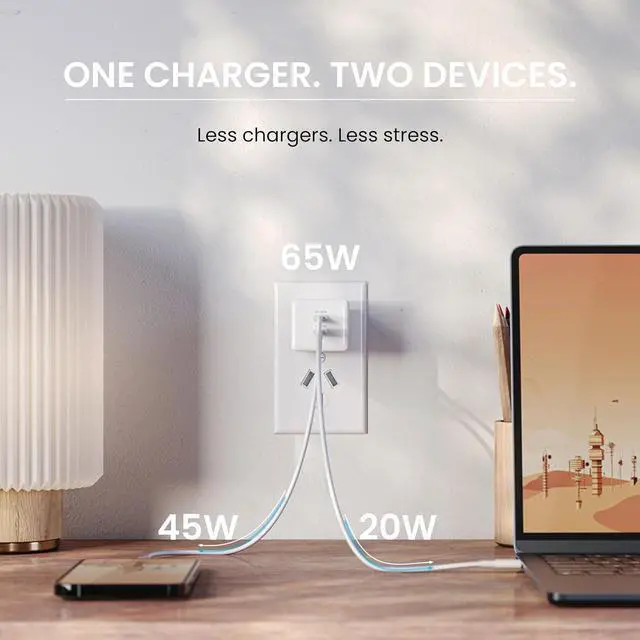 Alt view image 3 of 7 - JOURNEY Blitz 65W, 2 Port GaN-|| Charger, USB-C Fast Charging Block, Compact and Portable Wall Charger with USB-C to USB-C Cable (1.5 m), 2 Devices 1 Charger for All Smartphones, Tablets and Laptops