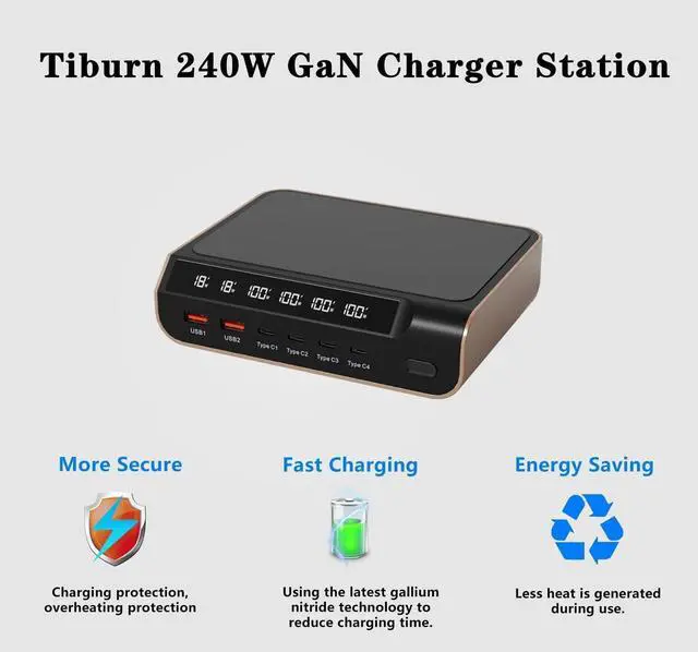 Alt view image 2 of 7 - Tiburn GaN Desktop Charger, Charging USB C Charger, 240W 6-Port Charging Station with 15W Wireless Charger Station for iPhone, iPad, MacBook, Samsung and More (Full Feature Type C Cable Included)