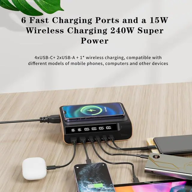 Alt view image 3 of 7 - Tiburn GaN Desktop Charger, Charging USB C Charger, 240W 6-Port Charging Station with 15W Wireless Charger Station for iPhone, iPad, MacBook, Samsung and More (Full Feature Type C Cable Included)