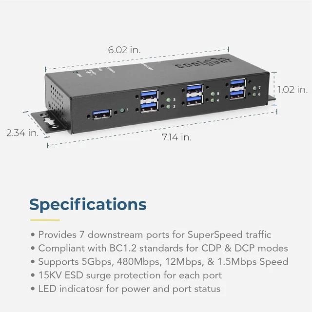 Alt view image 5 of 6 - Coolgear 7 Port USB 3.1 Gen1 Hub 15KV ESD Surge Protection w/Power Adapter