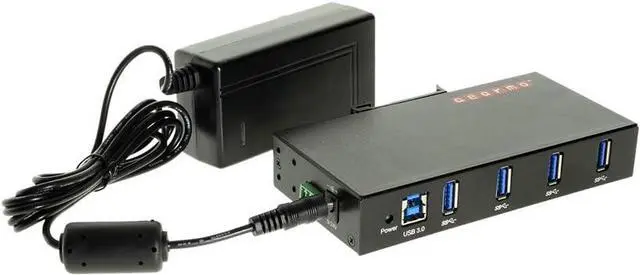 Main image of Gearmo 4-Port USB 3.0 Rugged Industrial DIN Rail & Surface Mount Hub, 5Gbps Speeds, Surge Protection, 12V/2A Power Adapter