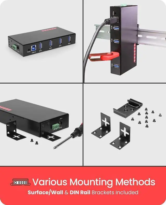 Alt view image 4 of 7 - Gearmo 4-Port USB 3.0 Rugged Industrial DIN Rail & Surface Mount Hub, 5Gbps Speeds, Surge Protection, 12V/2A Power Adapter