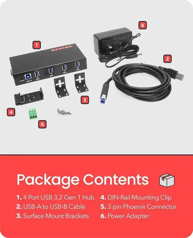 Alt view image 5 of 7 - Gearmo 4-Port USB 3.0 Rugged Industrial DIN Rail & Surface Mount Hub, 5Gbps Speeds, Surge Protection, 12V/2A Power Adapter