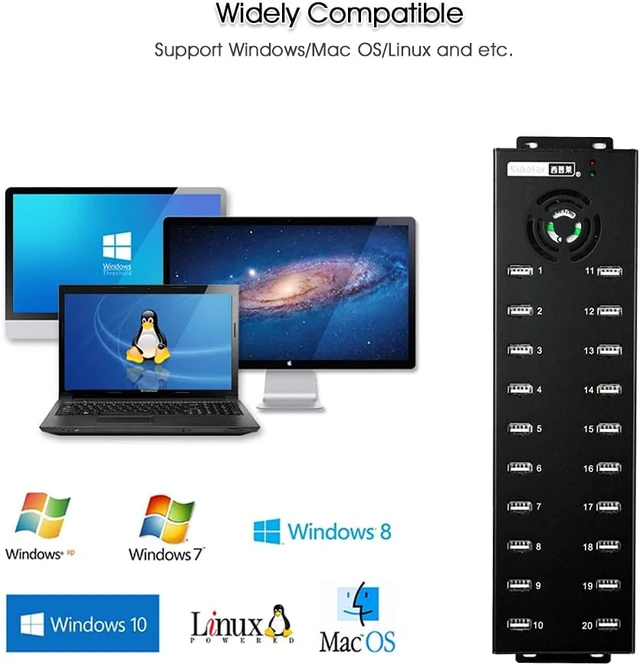 Alt view image 6 of 7 - 20 Ports Industiral USB 2.0 HUB - Powered Data and Charging Hub - 12V 10A External Power Adapter - Output of 1.2A Per USB Port - Aluminum Alloy Casing - Mouting Bracket - Led Indicator