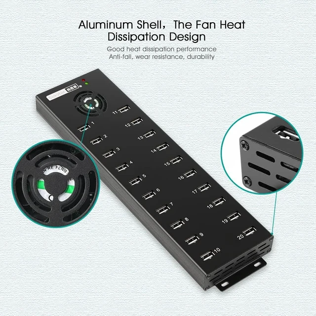 Alt view image 2 of 7 - 20 Ports Industiral USB 2.0 HUB - Powered Data and Charging Hub - 12V 10A External Power Adapter - Output of 1.2A Per USB Port - Aluminum Alloy Casing - Mouting Bracket - Led Indicator
