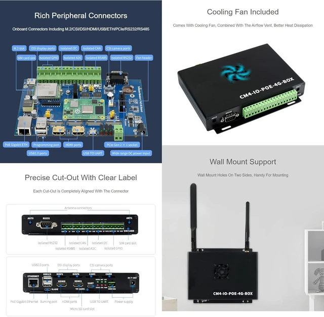 Alt view image 5 of 7 - Waveshare Industrial IoT Mini-Computer Based On Raspberry Pi Compute Module 4 Waveshare CM4 Industrial IoT Board Inside PoE 5G/4G Metal Case with Cooling Fan