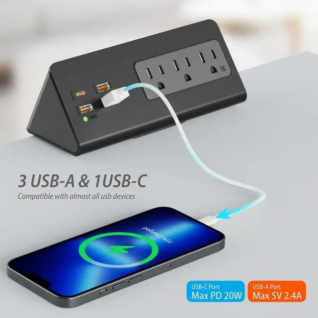 Alt view image 5 of 7 - Desk Clamp Mount Power Strips, 4 USB Ports& 3 AC Outlets Charging Station, PD 20W Fast Charging USB C, 6Ft Extension Cord Desktop Power Hub, Home Office Desk Accessories, 2-Pack (Black)