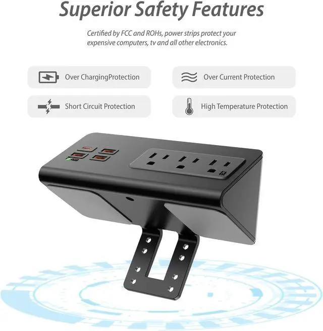 Alt view image 6 of 7 - Desk Clamp Mount Power Strips, 4 USB Ports& 3 AC Outlets Charging Station, PD 20W Fast Charging USB C, 6Ft Extension Cord Desktop Power Hub, Home Office Desk Accessories, 2-Pack (Black)