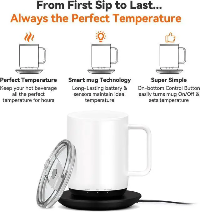 Alt view image 2 of 7 - Vsitoo S3 Plus 14oz Heated Mug, Self Heating Mug & Coffee Mug Warmer, Heated Coffee Mug Rechargeable with App/Button Control, Maintains 130°F150°F for 24H, Ideal for Home, Office, GiftsWhite