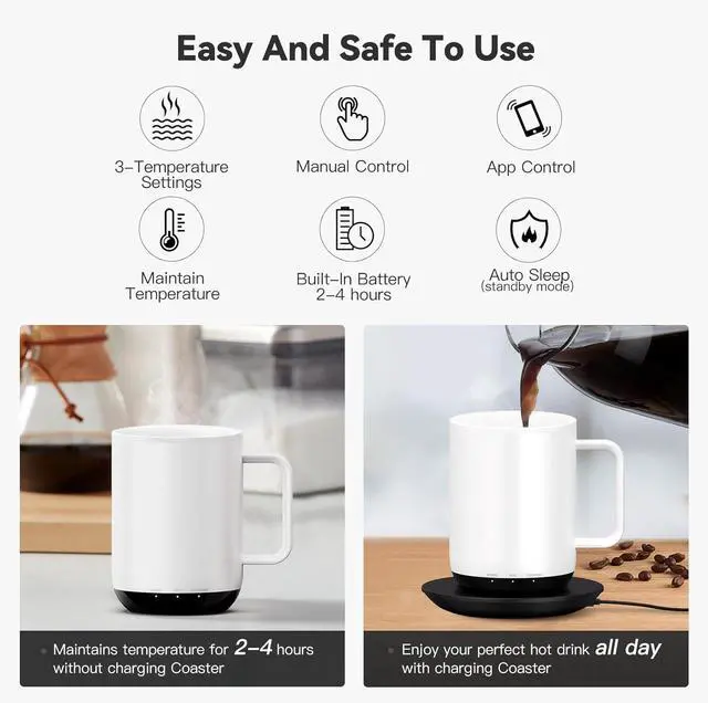Alt view image 3 of 7 - Vsitoo S3 Plus 14oz Heated Mug, Self Heating Mug & Coffee Mug Warmer, Heated Coffee Mug Rechargeable with App/Button Control, Maintains 130°F150°F for 24H, Ideal for Home, Office, GiftsWhite