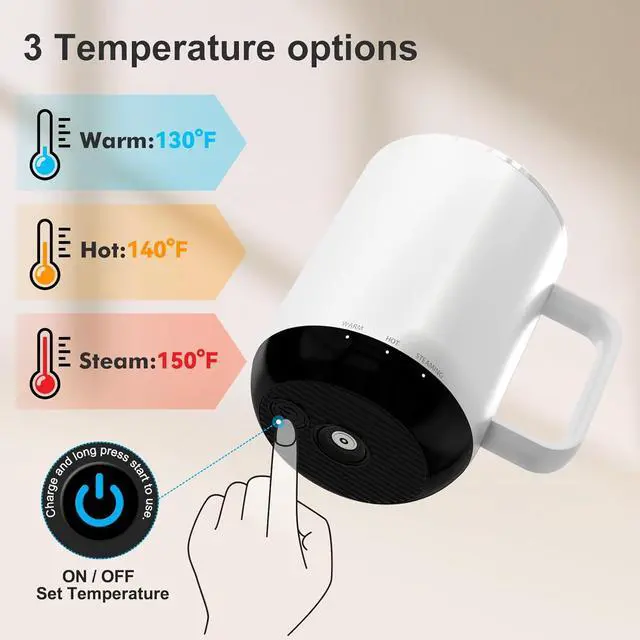 Alt view image 4 of 7 - Vsitoo S3 Plus 14oz Heated Mug, Self Heating Mug & Coffee Mug Warmer, Heated Coffee Mug Rechargeable with App/Button Control, Maintains 130°F150°F for 24H, Ideal for Home, Office, GiftsWhite