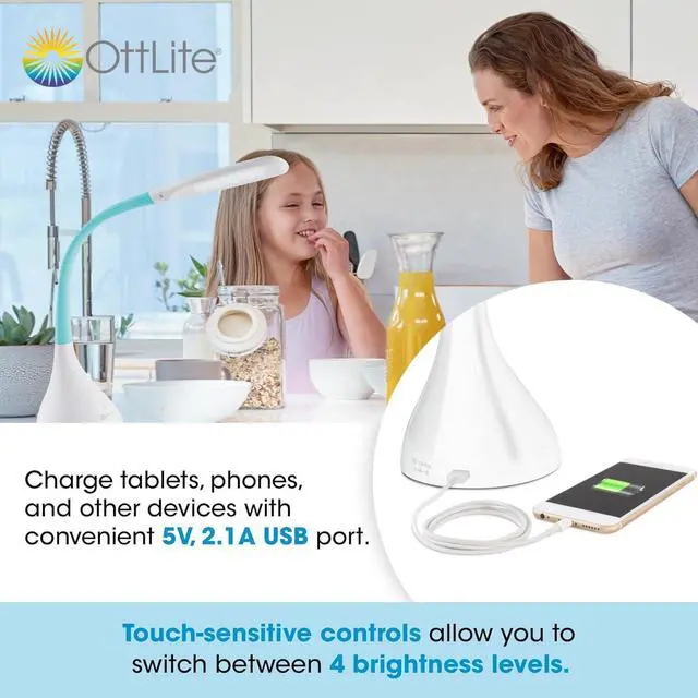 Alt view image 2 of 6 - OttLite Creative Curves LED Desk Lamp w/USB, Clearsun, White w/Turquoise, Shipper