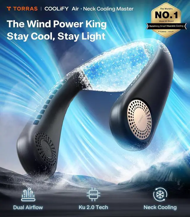 Alt view image 2 of 7 - TORRAS COOLiFY Air 2025 Upgraded Neck Fan Air Conditioner, Dual-Airflow Pro Cooling, Ultra Light Portable Fan Rechargeable, Personal Cooling Fan Travel Essentials, Gifts for Dad Husband Father, Black