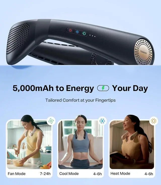 Alt view image 7 of 7 - TORRAS COOLiFY Air 2025 Upgraded Neck Fan Air Conditioner, Dual-Airflow Pro Cooling, Ultra Light Portable Fan Rechargeable, Personal Cooling Fan Travel Essentials, Gifts for Dad Husband Father, Black