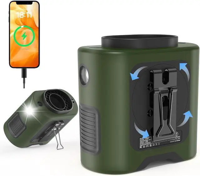 Main image of PANERGY Portable Waist Fan, 67H Runtime Wearable Fan with 4+1 Speeds, Storm Mode, 14500mAh Rechargeable Belt Fan with Dual Clip, Flashlight for Outdoor Jobsite(Army Green)