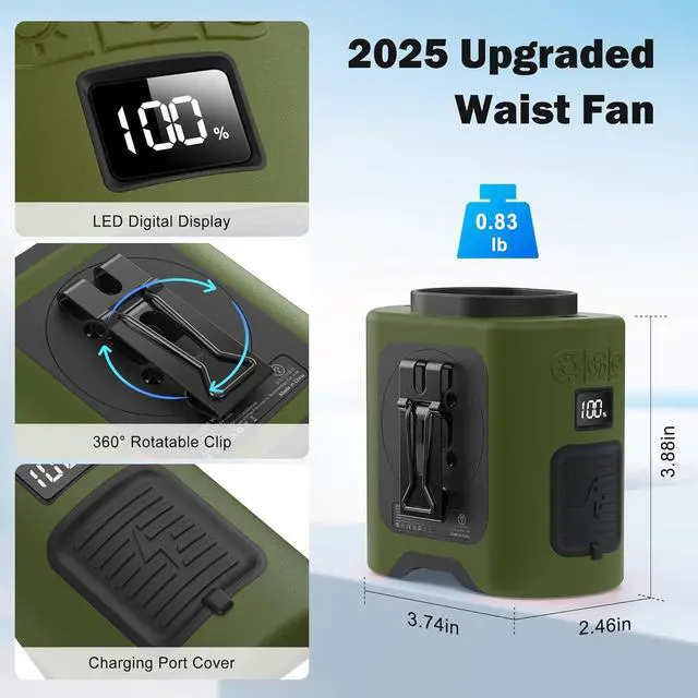 Alt view image 6 of 7 - PANERGY Portable Waist Fan, 67H Runtime Wearable Fan with 4+1 Speeds, Storm Mode, 14500mAh Rechargeable Belt Fan with Dual Clip, Flashlight for Outdoor Jobsite(Army Green)