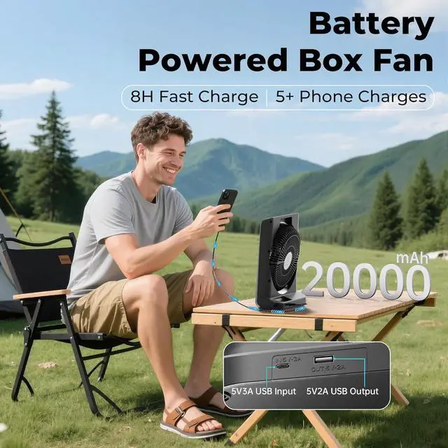 Alt view image 2 of 7 - PANERGY 20000mAh Rechargeable Battery Powered Fan - 10" Square Box Fan with 55H Runtime, 4 Speeds & Timer, 270° Pivot, Cordless & Portable for Home, Patio, Camping, Travel, Power Outages (No Remote)